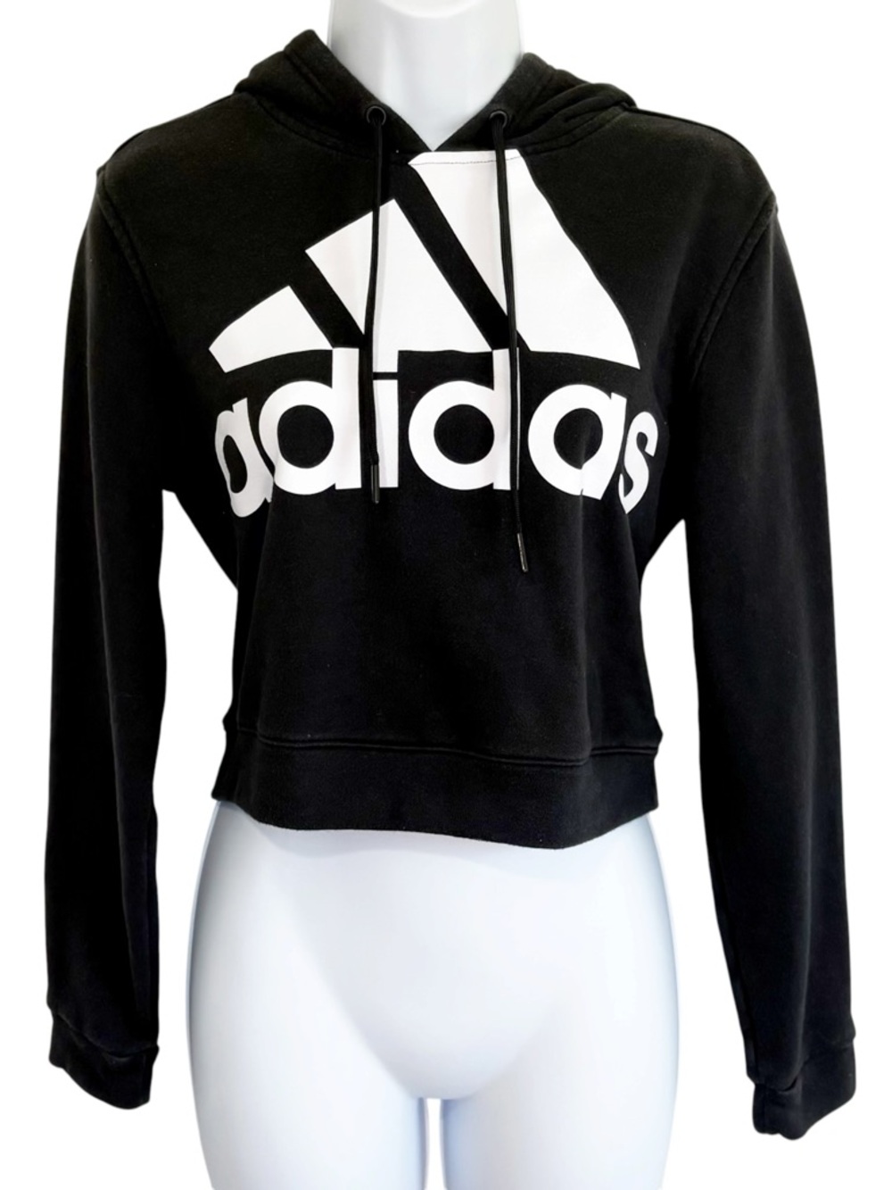 ADIDAS Cropped Hoodie Womens Small Black White Logo Pullover Athletic Sweatshirt